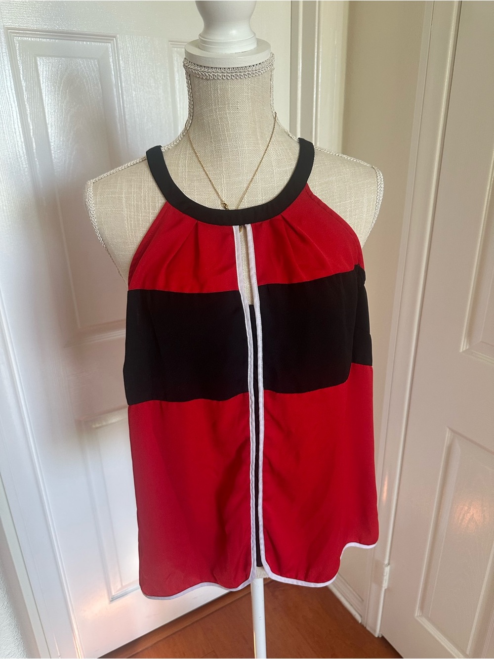 Worthington Red and Black Halter Colorblock Top with White Trim